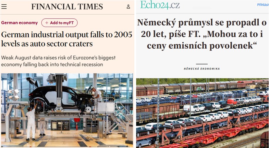 Není tak podstatné, zda bude ministrem Turek, Macinka či někdo jiný. Podstatné je, zda se ČR dokáže vyhnout ekonomickému průšvihu, který čeká celou EU.

Německý průmysl se propadl o 20 let, píšou ve Financial Times, což je špatná zpráva i pro Česko. Viníkem jsou rostoucí ceny