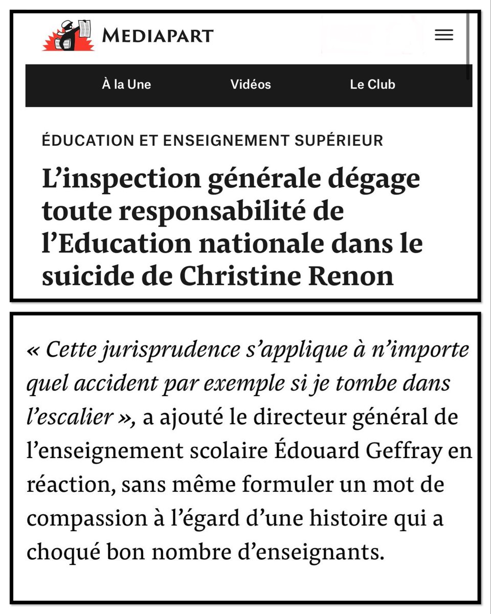 Libre_Insolent's tweet image. 🔴 De plus en plus fort
Ministre de l’Education nationale : Édouard Geffray
L’homme qui, sans un iota de compassion, comparaît le suicide de l’enseignante Christine Renon, à une chute dans les escaliers.