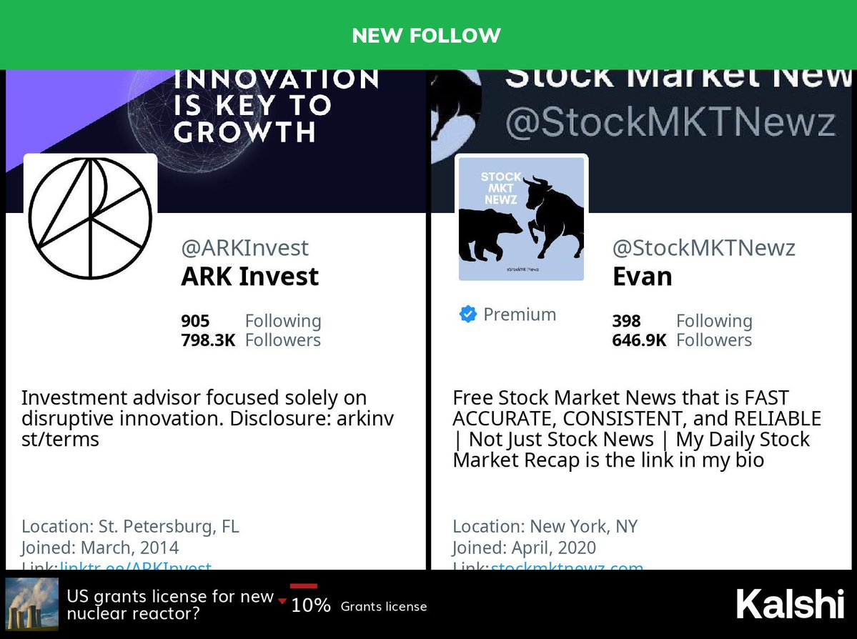 BigTechAlert's tweet image. 🆕 @arkinvest has started following @StockMKTNewz