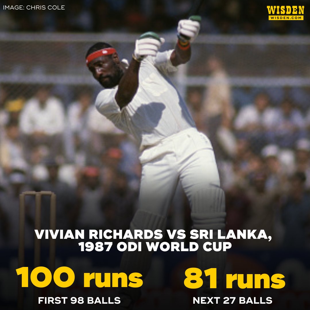 #OTD in 1987, Vivian Richards hammered 181 off 125 balls, with his last 81 runs coming in just 27 deliveries 🤯

His innings powered West Indies to 360-4, then the highest ODI total, before they sealed a 191-run win.