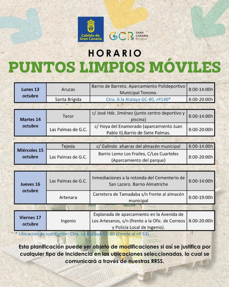 ♻️Compartimos los horarios y ubicaciones de los #puntoslimpios Móviles durante la tercera semana de octubre.
<a href="/GranCanariaCab/">Cabildo Gran Canaria</a>
<a href="/GranCanaria_M_A/">Gran Canaria Medio Ambiente</a>
#GCrecicla