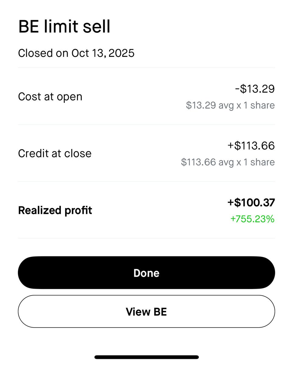 K1Calls's tweet photo. Added $BE shares about a year ago and was able to sell around 70% of my initial position at a gain of +70% making the trade risk free. This name was a great example of letting your winner ride after covering risk. Shares don’t expire! https://t.co/cFoqoaY1SJ