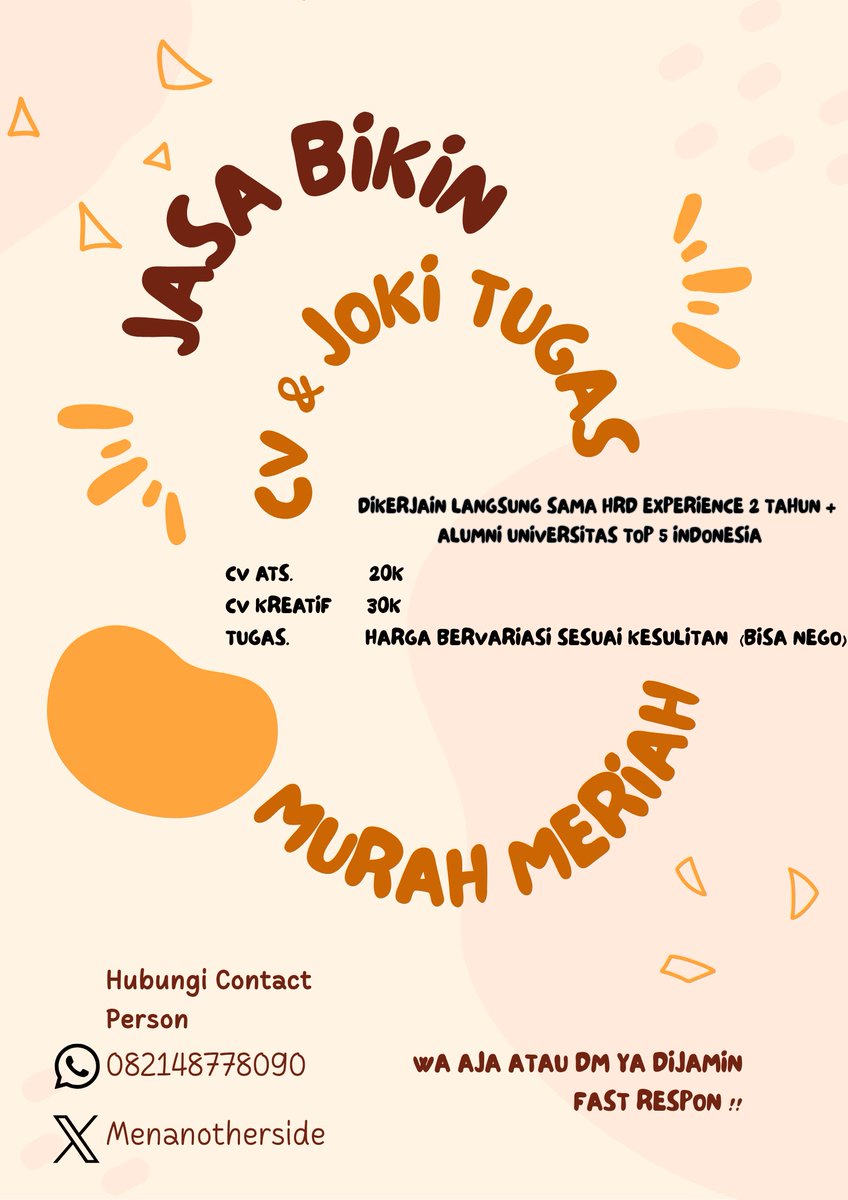 menanotherside's tweet image. JASA BIKIN CV / JOKI TUGAS

Murah meriah ges harga bisa nego langsung aja dm fast respon dan pengerjaan cepat 💫

Ditunggu orderan nya 🥰🥰

#zonauang #zonajajan #Jokiskripsi #jasacv #jokicv #cvats #cvfriendly #jokimurah #fastrespon #jasabikincv