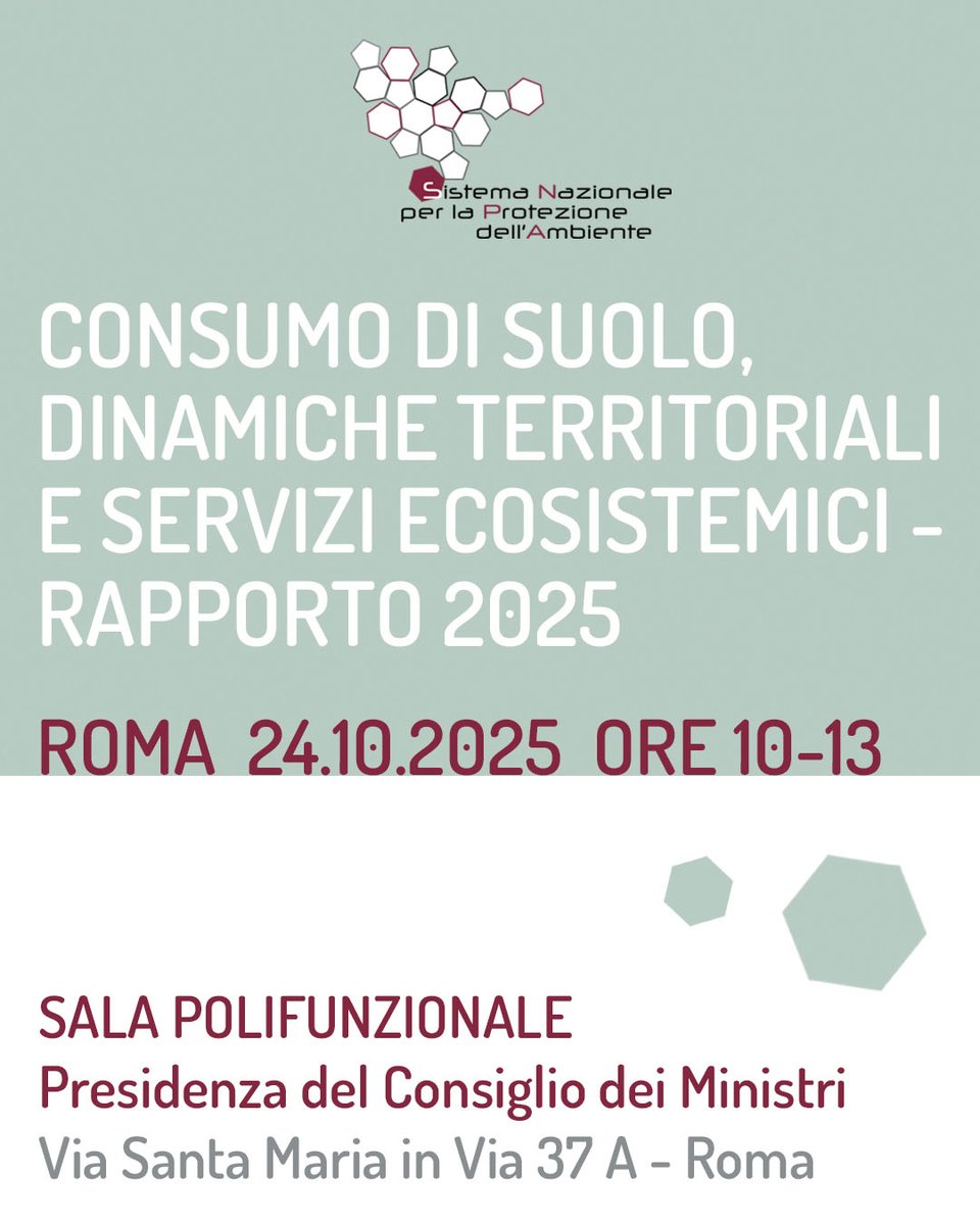 📣Presentazione Rapporto <a href="/SNPAmbiente/">SNPA</a> “Consumo di suolo, dinamiche territoriali e servizi ecosistemici” - Edizione 2025
📅24/10 alle 10:00, Sala Polifunzionale della Presidenza del Consiglio dei Ministri, Roma, e in diretta streaming

Info e iscrizioni 👉 bit.ly/42yagG0