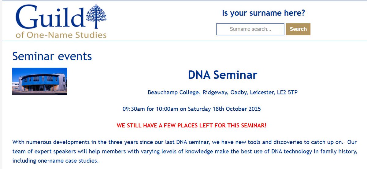 We still have a few late places available for our DNA seminar in Oadby, Leicestershire, on 18th October 2025 so please don't delay, book today. Speakers include <a href="/DebbieKennett/">Debbie Kennett 🧬🌳</a> and <a href="/donnasr/">Donna Rutherford</a> 
one-name.org/seminar-events/