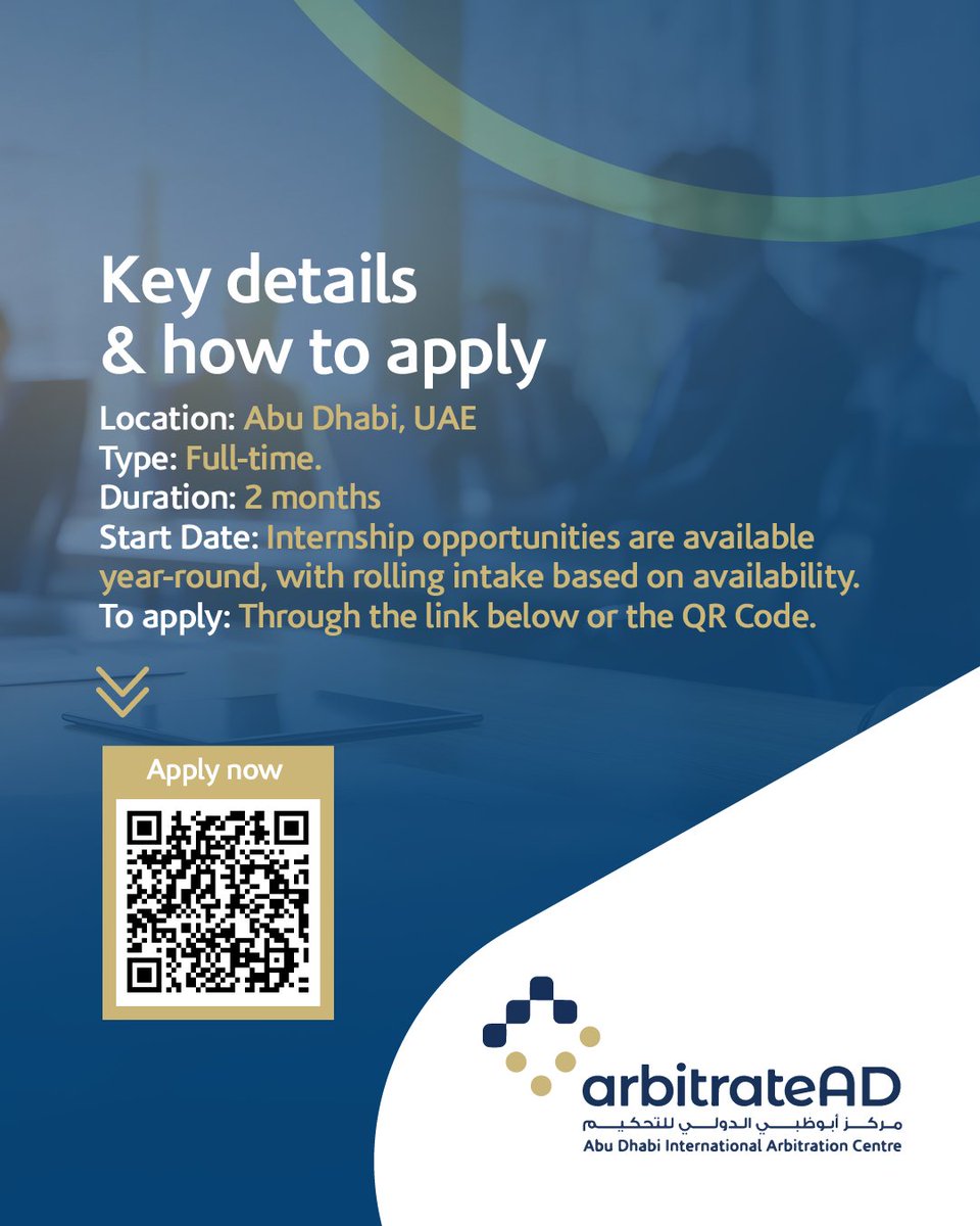 Internship Opportunity at arbitrateAD.
Gain first-hand experience in institutional arbitration through arbitrateAD’s Case Management Internship Programme. 

📅 Application Deadline: 16 October 2025
📩 To apply: 
docket.arbitratead.ae/arbitrate/rend…