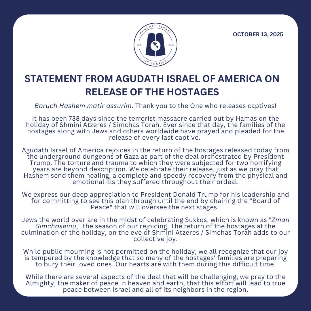 Boruch Hashem matir assurim. Thank you to the One who releases captives!

It has been 738 days since the terrorist massacre carried out by Hamas on the holiday of Shmini Atzeres / Simchas Torah. Ever since that day, the families of the hostages along with Jews and others
