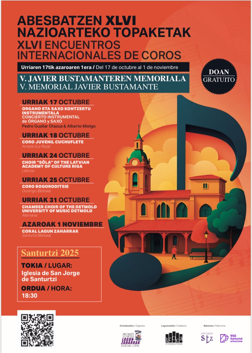 (Eusk) 🎤🎶 Santurtzik Abesbatzen Nazioarteko XLVI Topaketak ospatuko ditu urriaren 17tik azaroaren 1era, aurten ere Javier Bustamante omenduz.

Bizkaia,La Rioja, Letonia eta Alemaniako zenbait abesbatzek bat egingo dute hitzordu honetarako.

📍San Jorge Elizan, 18:30.
