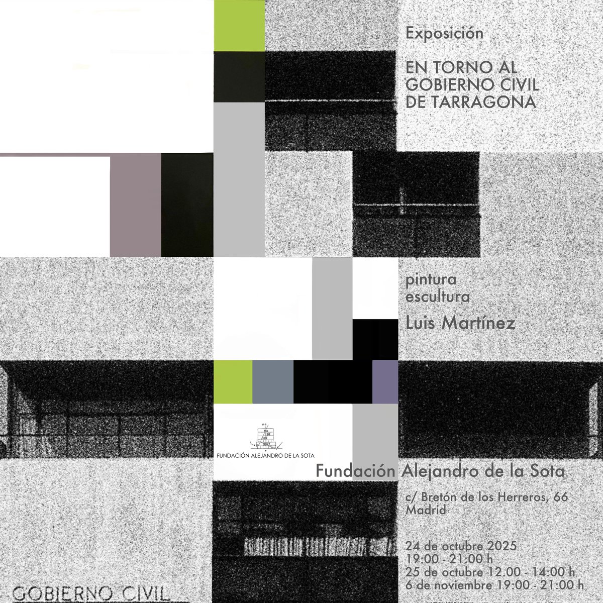 El próximo 24 de octubre, de 19 a 21h, la Fundación acogerá la exposición «En torno al Gobierno Civil de Tarragona», una muestra de Luis Martínez donde la pintura, la escultura y la arquitectura dialogan entre sí para explorar los límites que separan y unen estas disciplinas.