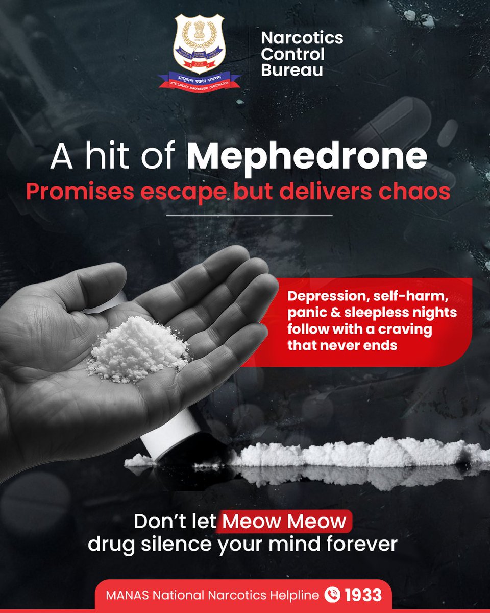 ncbmanas's tweet image. Even a single use of Mephedrone can trigger severe mental and physical consequences, including depression, self-harm tendencies, anxiety, insomnia and uncontrollable cravings.

Protect your well-being by staying away from this dangerous substance.

#NCB #SayNoToDrugs #Mephedrone