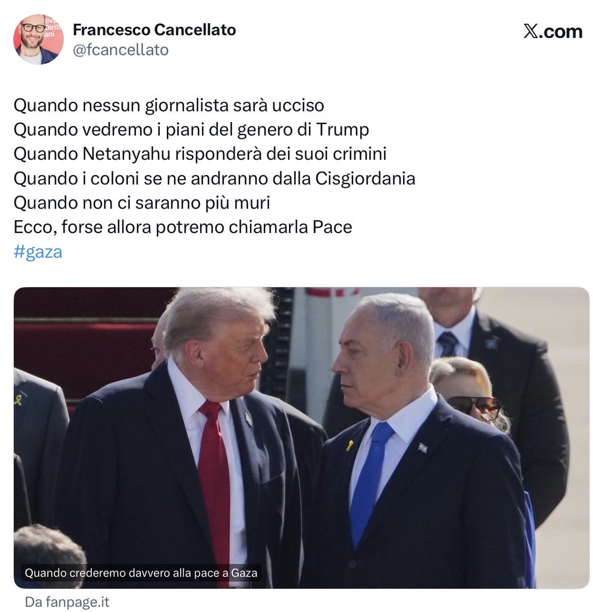 Il direttore di Fanpage assume la direzione di Fanhamas.

Ps. Giusto. Hamas deve continuare a svolgere il suo lavoro senza quegli odiosi ostacoli che Israele e Trump gli hanno scortesemente opposto.