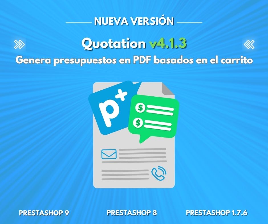 PresTeamShop's tweet image. Disponible Quotation 4.1.3. Corrige errores en PDFs, añade opciones clave para mejorar la generación de presupuestos y mejora compatibilidad.
#PrestaShop #PresTeamShop #eCommerce #Cotizaciones #Quotation