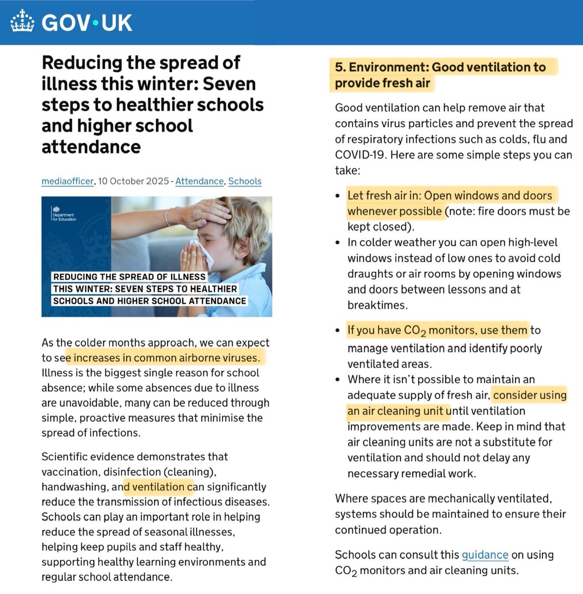 _CatintheHat's tweet image. The DfE have published guidance on reducing the spread of illness this Winter.

Much of it focusses on things like handwashing &amp;amp; catching sneezes which WON’T stop airborne illnesses spreading.

BUT I’m pleased to see a whole section on VENTILATION, CO2 MONITORING &amp;amp; AIR FILTERS.