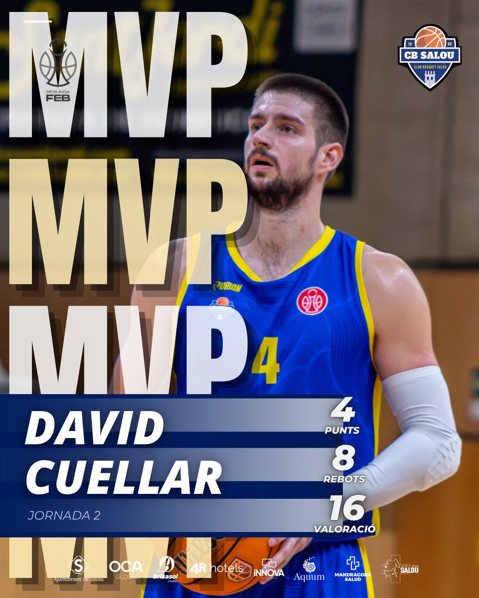 David Cuellar és novament el nostre 𝐌𝐕𝐏 de la 𝐣𝐨𝐫𝐧𝐚𝐝𝐚 2! 🙌

4 punts | 5 assistències | 8 rebots | 16 valoració 👏

Continua demostrant la seva qualitat dins i fora de la pista! 🏀💛💙

Enhorabona, David! 💪

#sombàsquet #somsalou #juntsfenthistòria #sempreendavant