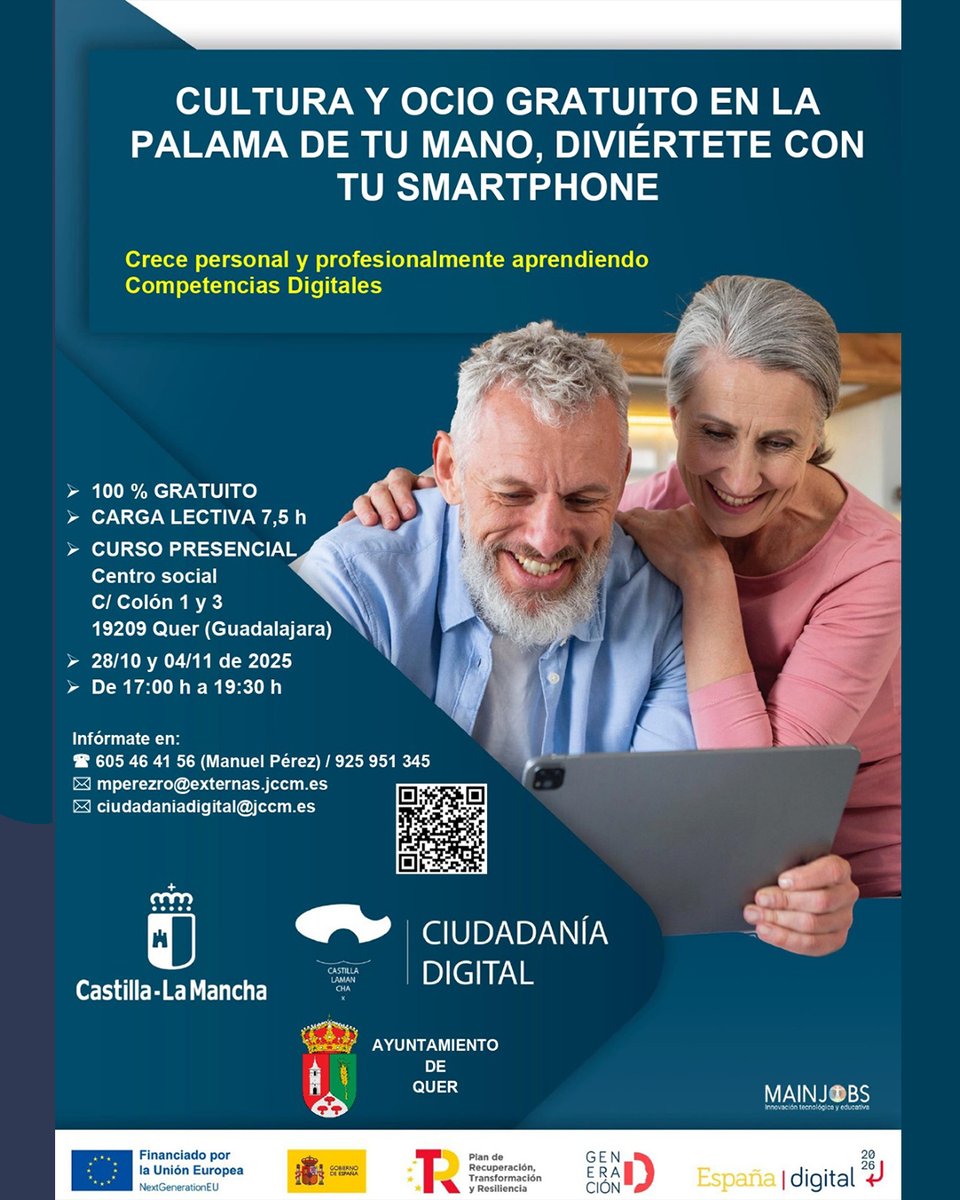 aytoquer's tweet image. 📱 ¡Curso gratuito para mayores en Quer!
Aprende a usar tu smartphone de forma segura y creativa 📲
📅 28 oct y 4 nov | 🕔 17:00-19:30 | 📍 Centro Social
📞 605 46 41 56 | 949 270 089
✉️ ciudadanosdigital@jccm.es #CiudadaníaDigital #Quer