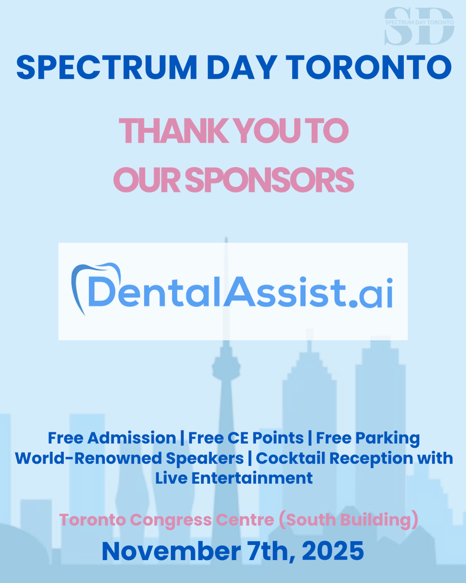 🌟 Excited to share that DentalAssist.ai is heading to Spectrum Day Toronto 2025 on November 7th at the Toronto Congress Centre!

Save the date &amp; meet us at Booth 406

Thanks @palmerimediagroup

#SpectrumDayToronto #DentalAssistAI #DentalInnovation #AIinDentistry