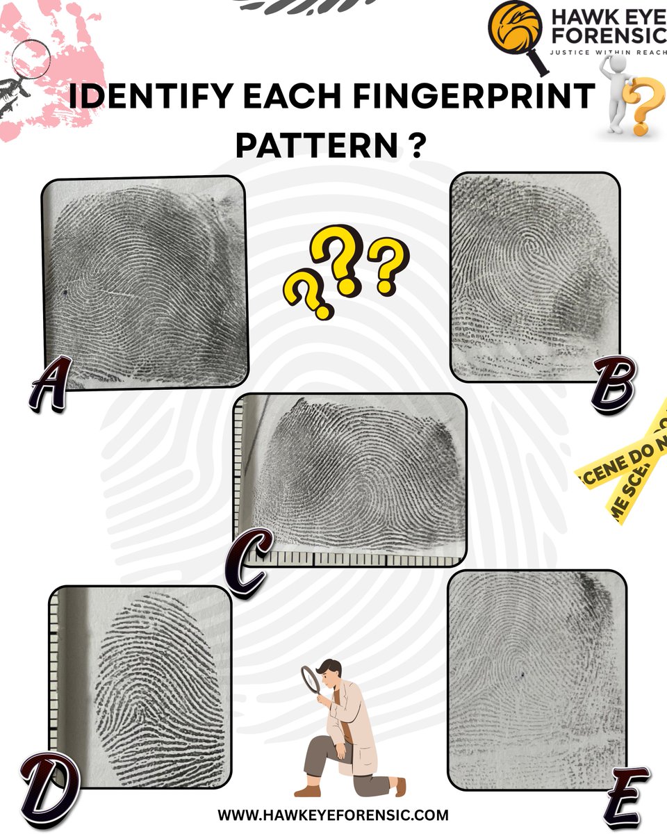 ForensicHawk's tweet image. Fingerprint Identification – A Core of Forensic Science

Can you identify the pattern types shown here?
(A–E) — Look closely and comment on your answers!

#Hawkeyeforensic #Fingerprintexamination #Forensicexpert #Criminalinvestigation #Justicewithinreach