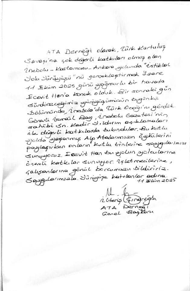 11-12 Ekim 2025 tarihlerinde gerçekleştirdiğimiz İstiklal Yolu Yürüyüşü'nde olumsuz hava koşullarında bizi ağırlayan, konuksever "Küre Ecevit Hanı" yöneticisi Sayın Nuri Karabay ve değerli çalışanlarına saygı ve sevgilerimizi iletiyoruz.