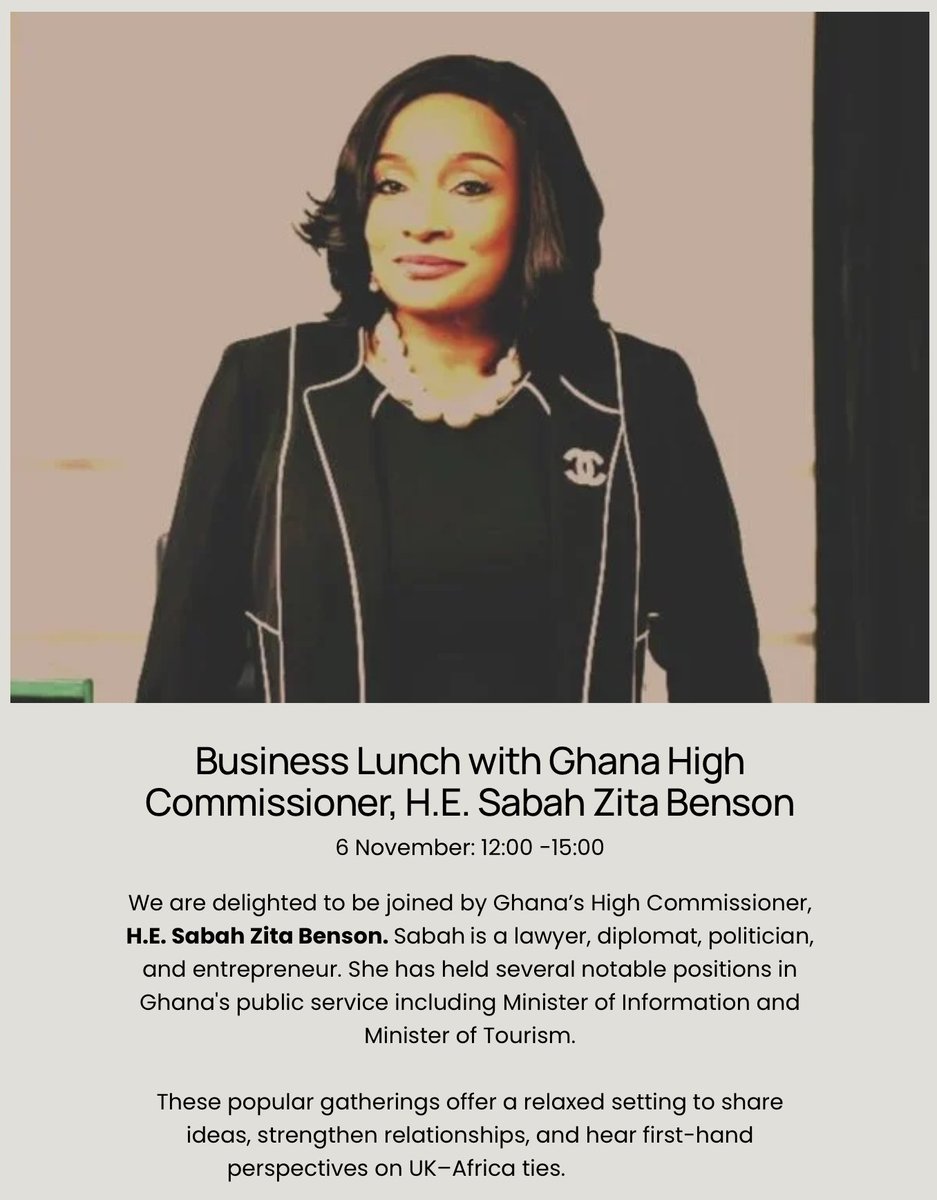 WestminsterABG's tweet photo. Our next event will be a business lunch on Thursday 6 November at the House of Commons. We are delighted to be joined by Ghana’s High Commissioner, H.E. Sabah Zita Benson. For further details, see our website. https://t.co/zy1o7l0vsd