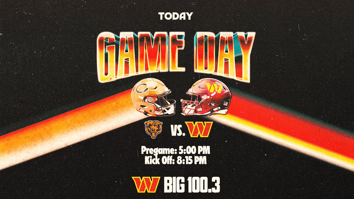 BIG 100 - Home of the Washington Commanders (@big100radio) on Twitter photo 🏈TONIGHT🏈
Week #6 | <a href="/ChicagoBears/">Chicago Bears</a> vs <a href="/Commanders/">Washington Commanders</a> #RaiseHail    
Lineup 
3p | Command Center Podcast
4p | The Big Wager
5p | Official Pregame Slow
8:15p | Kickoff
Listen on...
📻BIG 100 | 100.3FM
💻WBIG.com
🔊Any Smart Speaker
📲iHeart App 🏈TONIGHT🏈
Week #6 | <a href="/ChicagoBears/">Chicago Bears</a> vs <a href="/Commanders/">Washington Commanders</a> #RaiseHail    
Lineup 
3p | Command Center Podcast
4p | The Big Wager
5p | Official Pregame Slow
8:15p | Kickoff
Listen on...
📻BIG 100 | 100.3FM
💻WBIG.com
🔊Any Smart Speaker
📲iHeart App