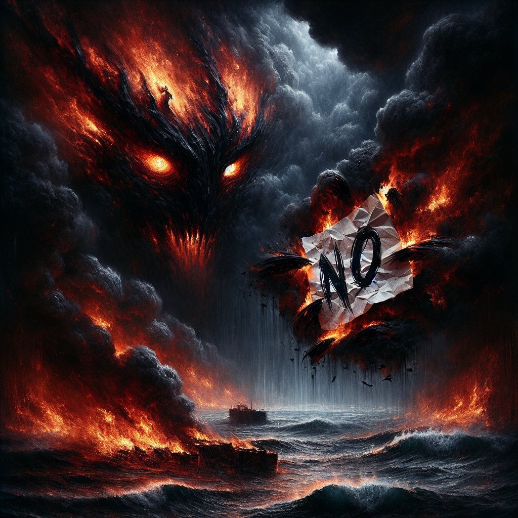 opticnerveAI's tweet image. "A stormy dark sky over a fiery, tumultuous sea, dotted with glaring eyes. A crumbled up piece of paper with the word 'NO' boldly written, burning in bright angry flames. A once well-loved canvas torn in frustration, splattered wit
#AIArt #AI #chatgpt4 #dalle3 #OpenAi #AIFeelings