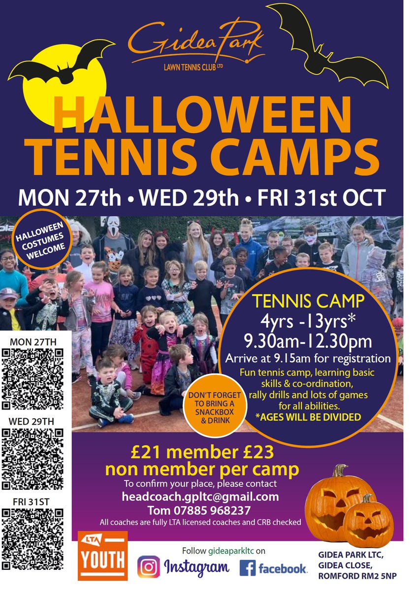 Gidea Park Halloween Tennis Camps
To book headcoach.gpltc@gmail.com or call 07885 968 237