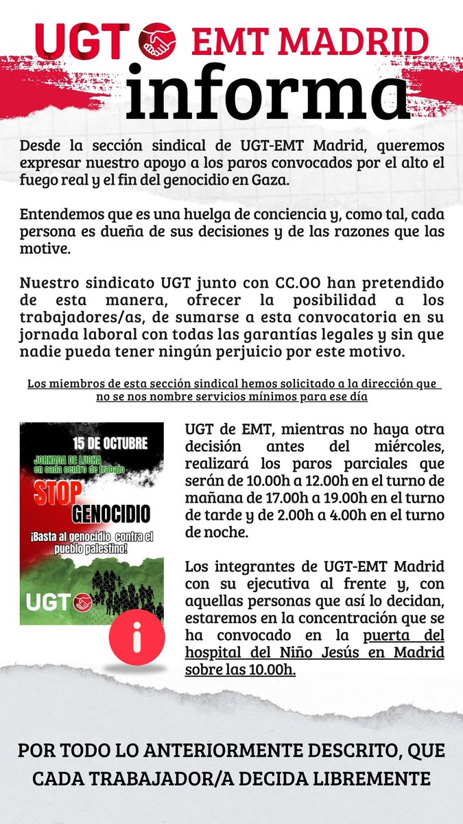 Desde UGT EMT Madrid confirmamos los paros del miércoles 15 de octubre

🕘 10-12h | 17-19h | 2-4h

🏥 Concentración: Hospital Niño Jesús (Av. Menéndez Pelayo, 65 – Madrid), 10h

✊ Huelga de conciencia.