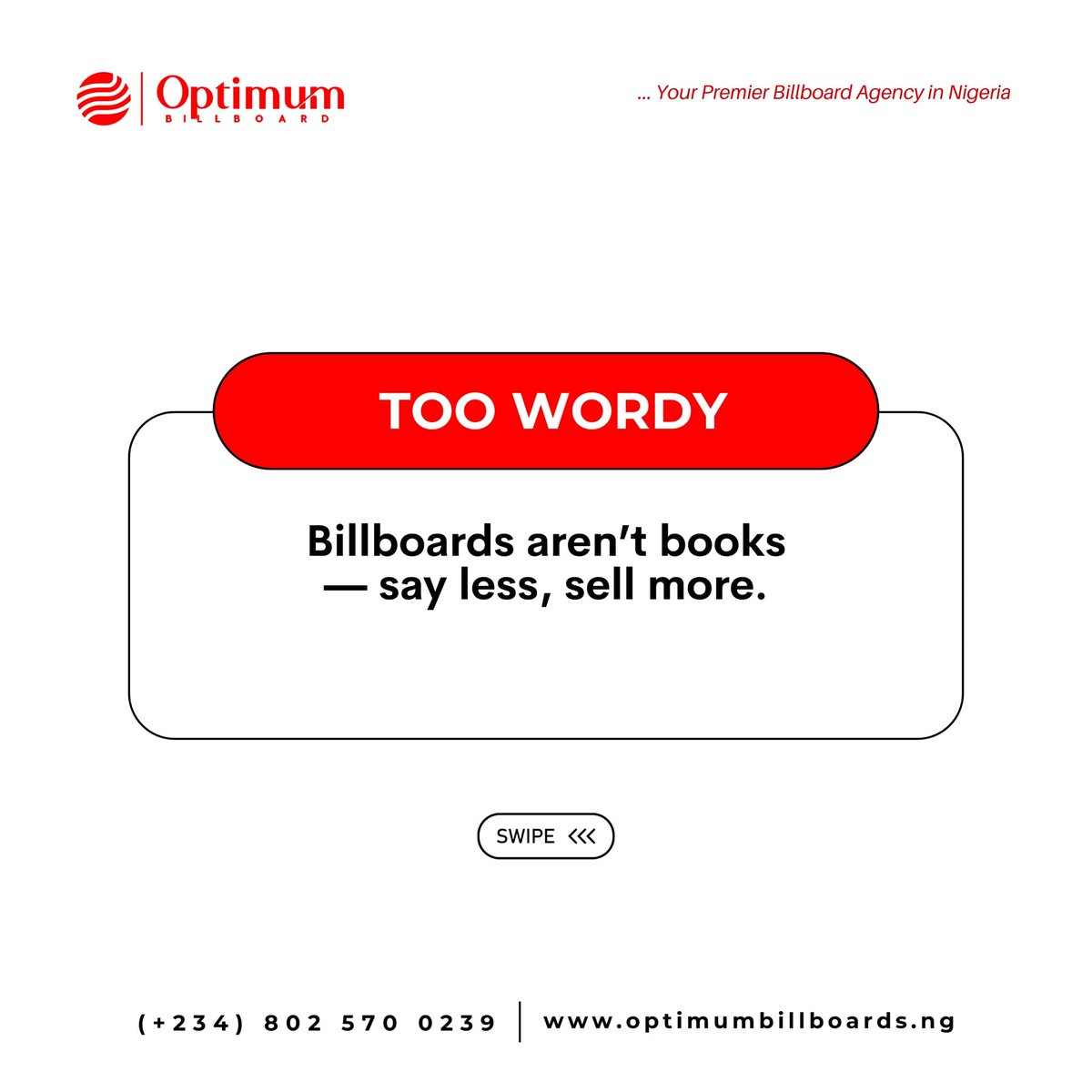 optimumboards's tweet photo. Most brands get billboards wrong.
Too much text. Weak calls to action. No visual punch.
At #OptimumBillboards, we keep it simple β one message, one billboard, one impact.
#BillboardMarketing #OOHAdvertising #MarketingNigeria #OutdoorAds #AdTips #BrandAwareness
#GOLD
#Israel https://t.co/7lu6wBe4Fr