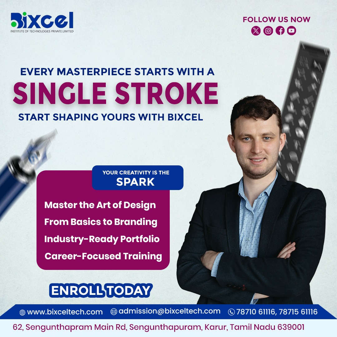 bixceltech's tweet image. Every masterpiece starts with a single stroke.
Start shaping your design journey with Bixcel Institute of Technologies – where creativity meets career! 
Enroll today and master the art of design!#BixcelInstitute #DesignWithBixcel #GraphicDesignCourse #CreativeLearning