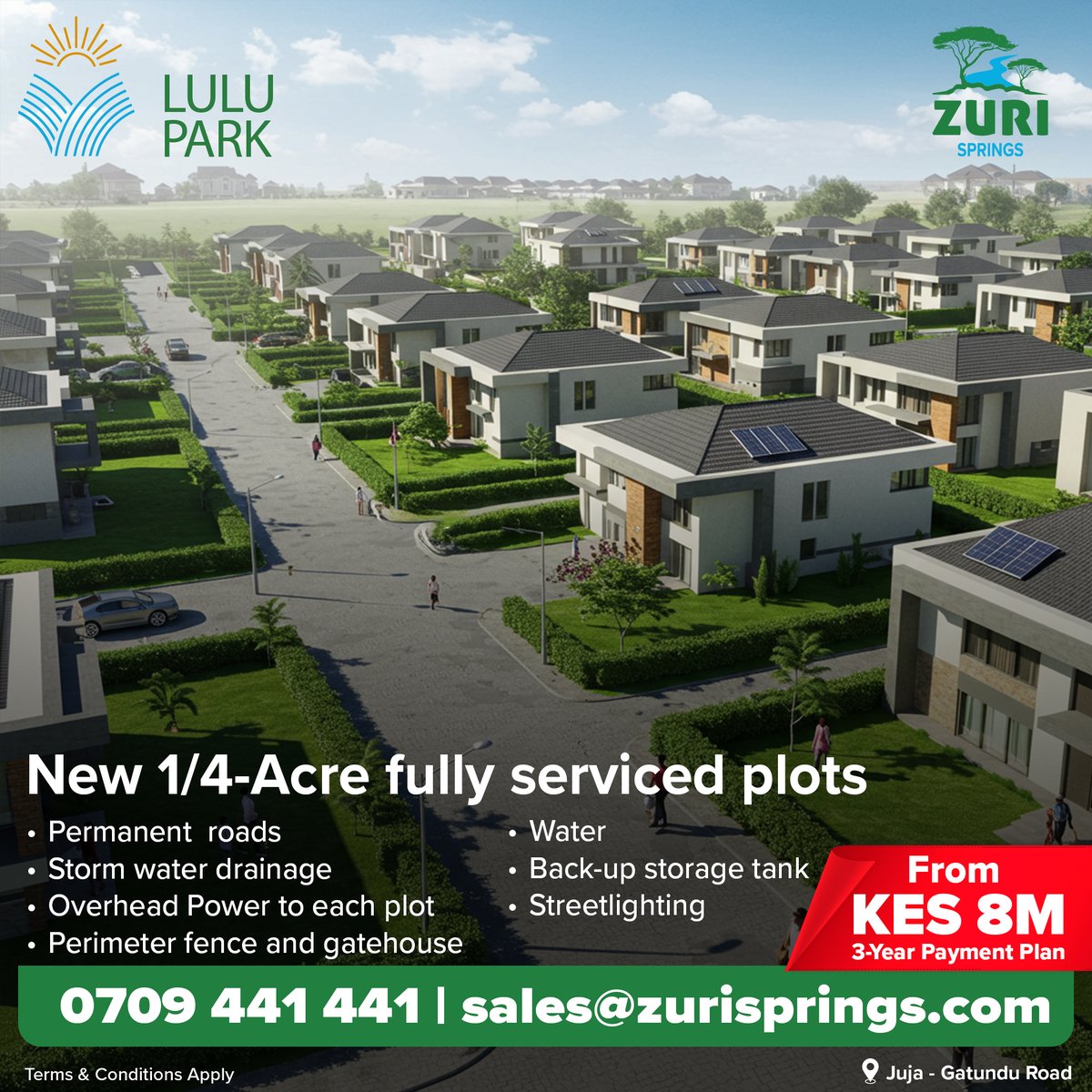 A community where structure, serenity and investment potential meet.

Nestled along Juja Gatundu Road, Lulu Park is a fully serviced residential estate offering ¼ acre plots in a master planned environment.
 
With paved roads, power, water and secure gated access, every plot is
