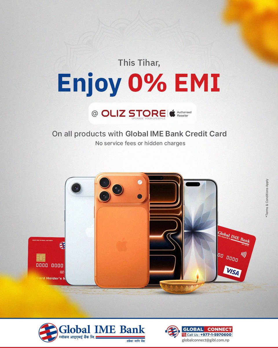 This Tihar, make your celebrations smarter!
Shop your favorite gadgets from Oliz Store and enjoy 0% EMI with your Global IME Bank Credit Card.

No service fees. No hidden charges. Just festive joy!

Apply for your Credit Card: shorturl.at/dBeuO

#GlobalIMEBank #OlizStore