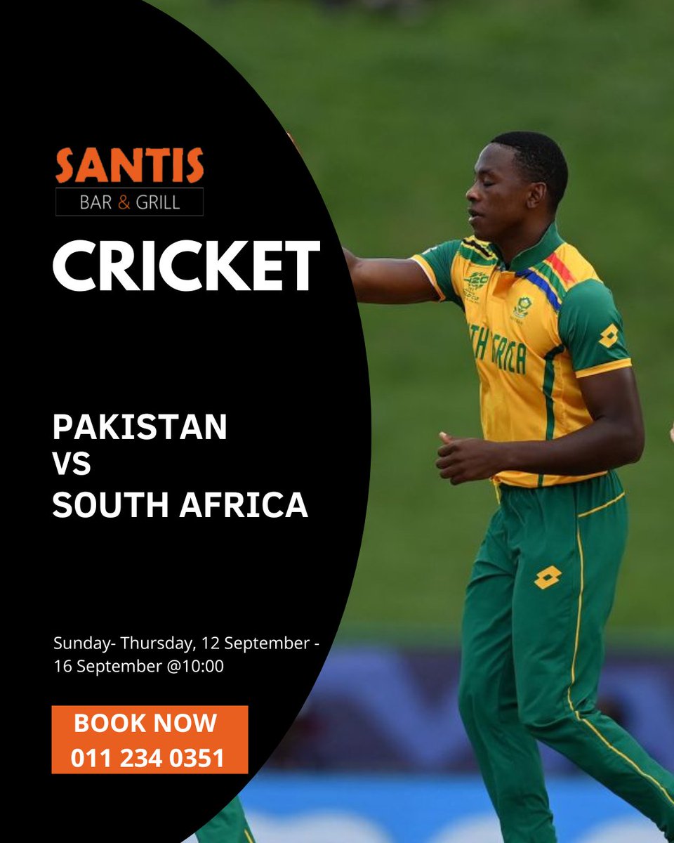 SantisBarGrill's tweet image. 🏏🇿🇦South Africa vs Pakistan🇵🇰🏏
12–16 Oct (Sat–Wed) @ 10:00 — five days of cricket live at Santis📺! Start your morning with coffee☕and breakfast🍳, then stay for lunch🍔as the Proteas take on Pakistan.
📍Bookings essential – call📞011 234 0351
#SantisBarAndGrill #webchanges