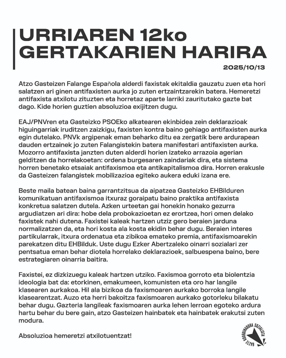 Atzoko, urriaren 12ko, gertakarien harira Gasteizko GKSren oharra: