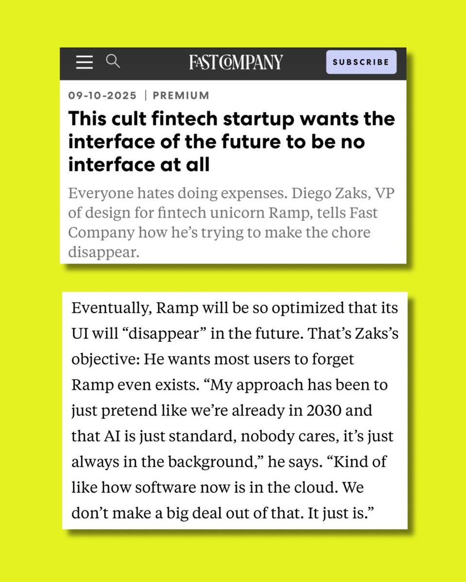 法人カードのRampの未来のインタフェースは全く使われない、「消えるUI」になることを目指しているとRamp VP of DesignのDiego Zaksが語る。

Rampを使うこととはユーザーが立替業務を行っていることなので、その時間を最小限に抑えるのがRampとして目指していることとのこと。