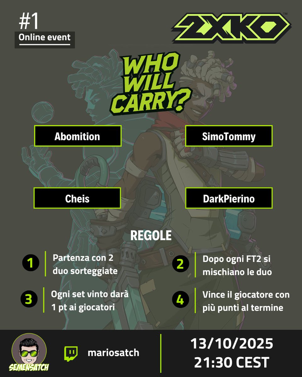 Questa sera ore 21:30 si torna calienti!!! Format sperimentale in cui vedremo chi tra i 4 giocatori invitati carryerà maggiormente. Al commento con me il buon <a href="/Arisaka_117/">Arisaka117</a>! #2XKO <a href="/Abomition/">Mattia</a>