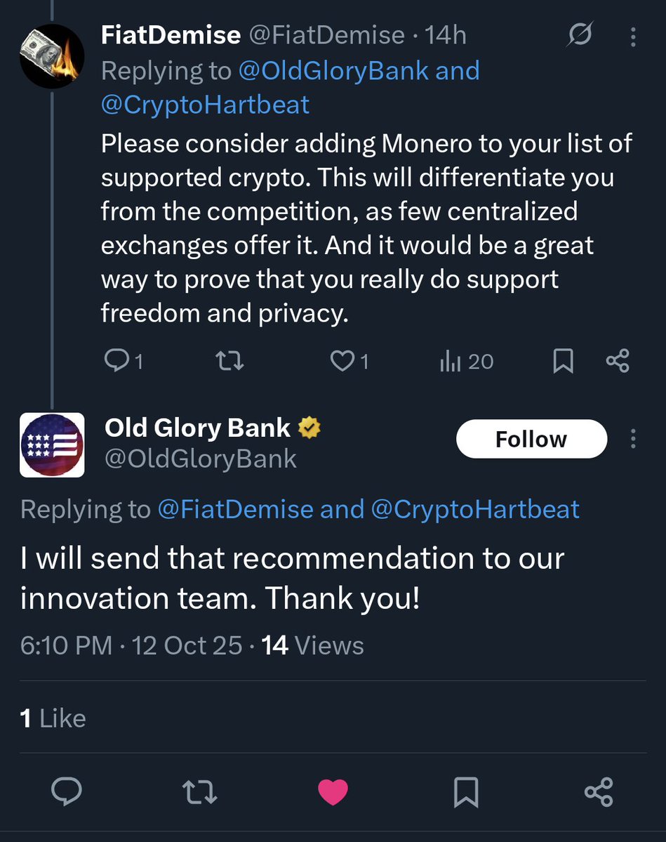 FiatDemise's tweet image. Old Glory Bank is a new bank that focuses on freedom, privacy, and seeks to make purchasing crypto easy. They're open to Monero. Would be great if they got more positive feedback from the community.