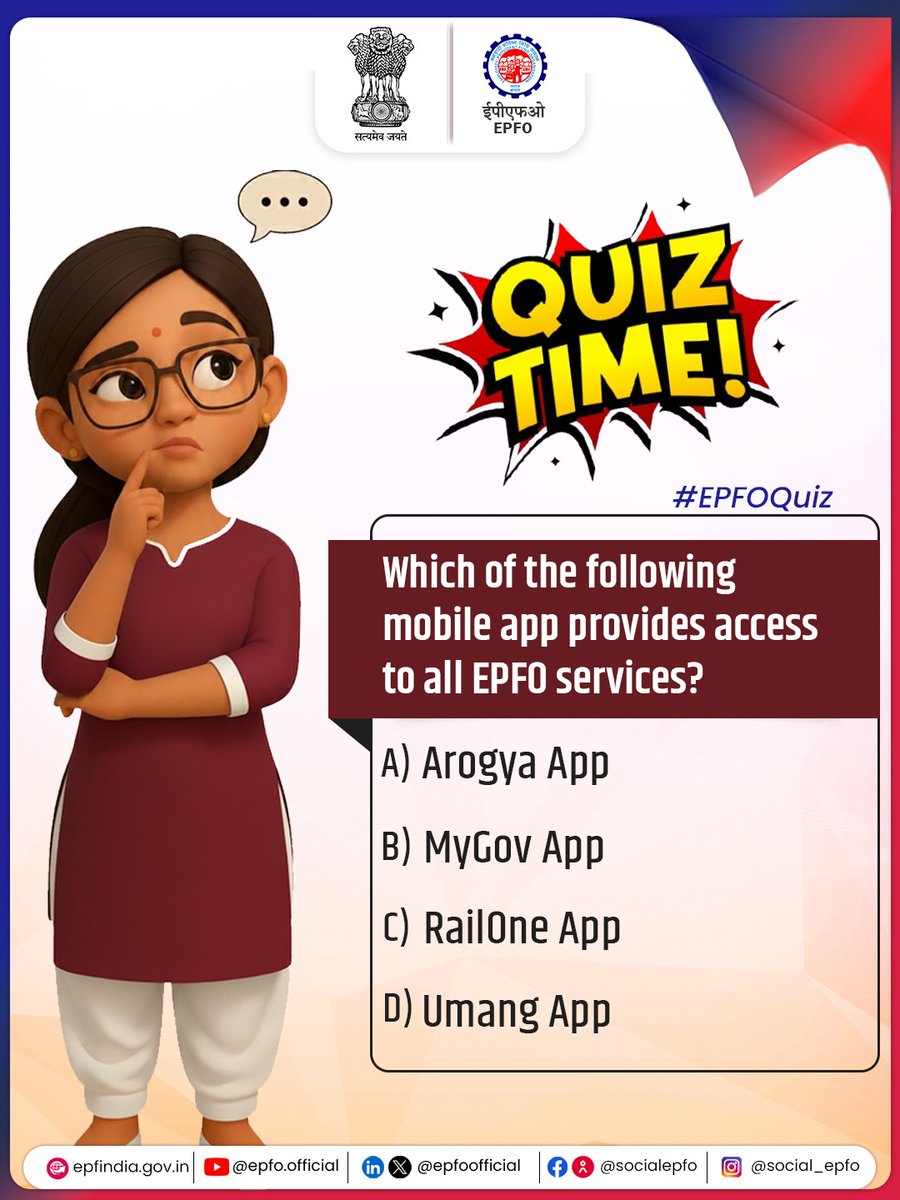 officialepfo's tweet image. EPFO Weekly Quiz is here!
Test your knowledge about the app that provides EPFO services!
✍️ Drop your answers, name and district in the comments.
🎉 The first 10 correct participants will receive Certificates of Appreciation!

#EPFOQuiz #EPFOWithYou #HumHainNa #ईपीएफओ