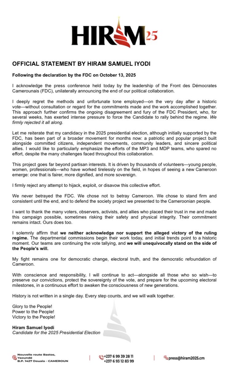 ‼️🚨COMMUNIQUÉ OFFICIEL du Candidat Hiram Samuel IYODI, suite à la déclaration du FDC en date du 13 octobre 2025.

‼️🚨 OFFICIAL STATEMENT by The Candidate Hiram Samuel IYODI, following the declaration by the CDF on October 13, 2025