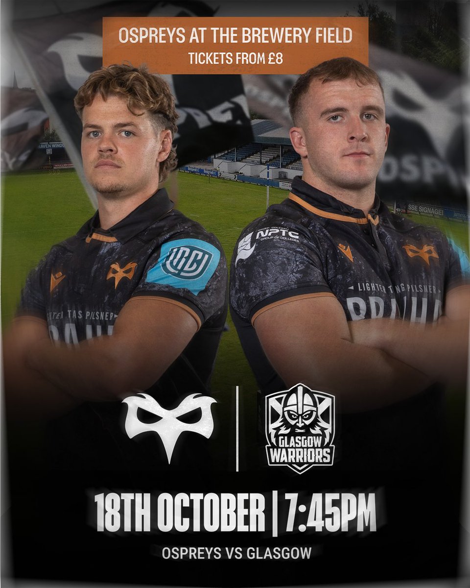 NEXT UP: We're back at the Brewery this weekend as we welcome <a href="/GlasgowWarriors/">Glasgow Warriors</a> for a big Saturday night fight 💪

After victory on their patch last year,  it's a huge battle ahead 👊

Get your tickets now: ospreys.info/Gla25 🎟️

#OurBloodIsBlack