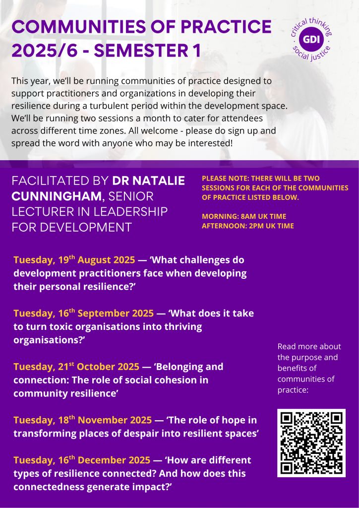 devcomms's tweet image. 🌍 Development practitioners: facing burnout or seeking support?
@GlobalDevInst’s Natalie Cunningham is launching Communities of Practice to help build resilience in these turbulent times.
🧠 Open to current & aspiring professionals
🔗 buff.ly/UsgnBhY
#DevPractitioners