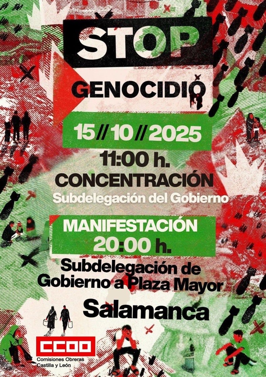 En Salamanca y en el resto del Estado.

Únete a la huelga, reclama el fin del genocidio.

Miércoles 15 de octubre, frente a Subdelegacion del Gobierno.