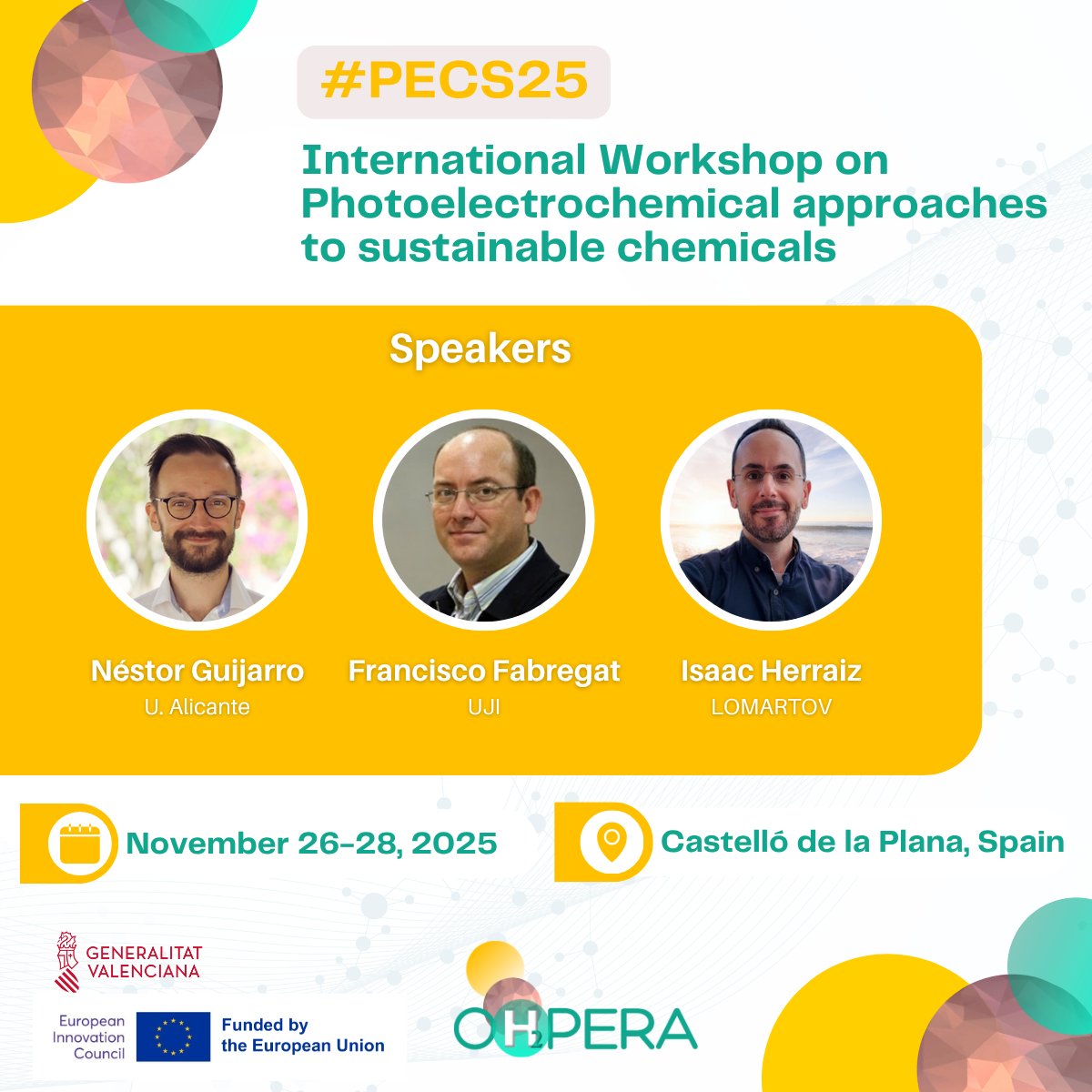 🔍#OHPERA's #PECS25 final group of speakers:

🎤Nestor Guijarro Carratala, University of Alicante
🎤Francisco Fabregat Santiago, Universitat Jaume I
🎤Isaac Herraiz Cardona, LOMARTOV

🎟️Register today!!
ohpera.eu/ohpera-autumn-…