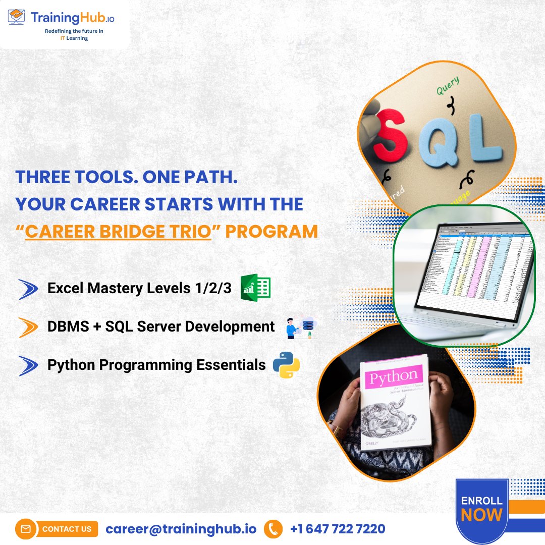 TrainingHubCAN's tweet image. Career Bridge Trio Program at TrainingHub: 
Excel | DBMS + SQL Server Development | Python

With TrainingHub, you don’t just learn—you will future-proof your career: zurl.co/e3Efm

#CareerBridgeTrio #CBT #Excel #SQLServer #Python #TechCareers #ITtraining #TrainingHub