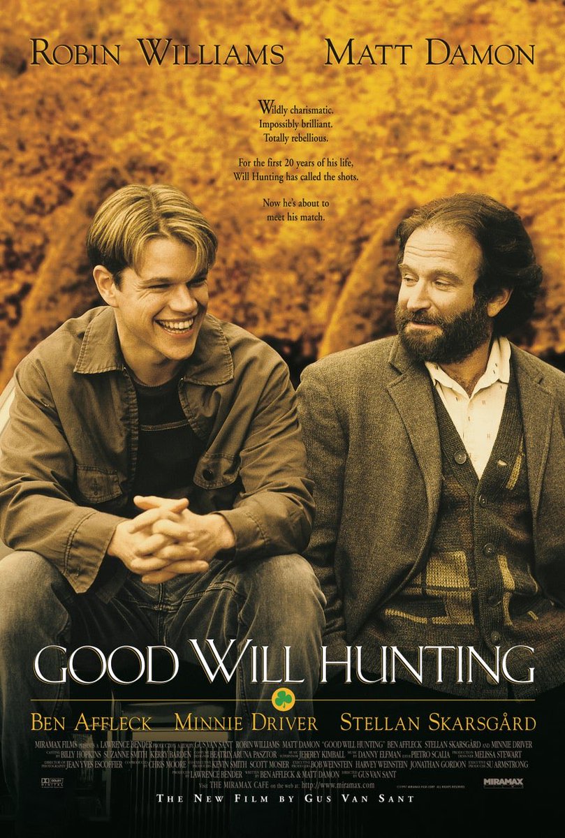 darkcineroom's tweet image. 🎞️ ひとこと映画レビュー No.094
🧮『グッド・ウィル・ハンティング／旅立ち』（1997）

才能はあっても心に傷を抱えたウィルと、彼を導く心理学講師ショーン。
“頭の良さ”じゃなく“心”を見ようとするショーンの言葉が一々刺さるし、2人が初めて素で笑い合う瞬間は本当にグッときた。…