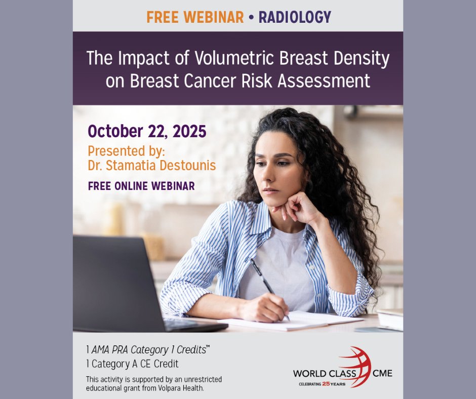 Join us for this complementary 1-hour streaming presentation. We will enjoy a 45-minute presentation then participate in a live 15-minute Q &amp; A session with the faculty.

worldclasscme.com/webinars/the-i…

#Free #CME #WorldClassCME #StamatiaDestounis #Radiology #BreastCancer #BreastDensity