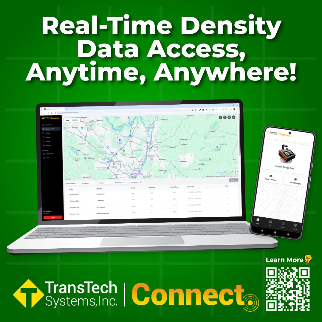 TransTechSystem's tweet image. Effortless data access, ANYTIME, ANYWHERE! 🌍
With #TransTechConnect, your compaction data is stored securely in the cloud and available on demand. OnStation integration provides even more functionality for tracking and reporting.
#TransTechSystems #AsphaltPaving #QCForEveryone