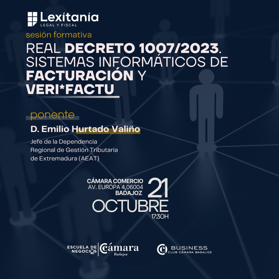 Sesión Formativa: REAL DECRETO 1007/2023 – Sistemas Informáticos de Facturación y VERI*FACTU 💻
📅 Fecha: 21 de octubre de 2025
 🕠 Hora: 17:30h
👉 Inscripción: camarabadajoz.es/inscripciones/…