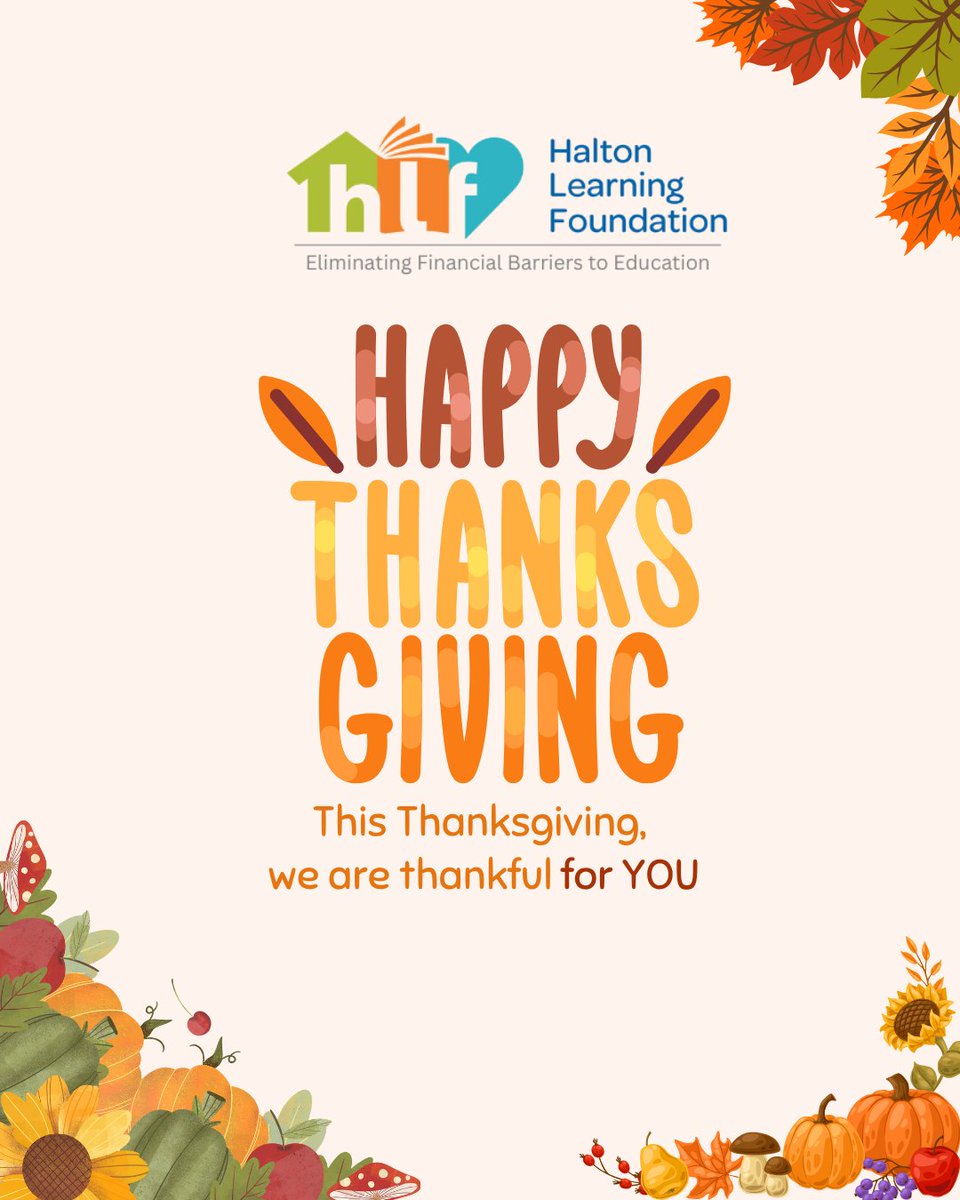 HaltonLearnFDN's tweet image. This Thanksgiving, we are so thankful for YOU! 🧡
Happy Thanksgiving from all of us at HLF 🦃🍁