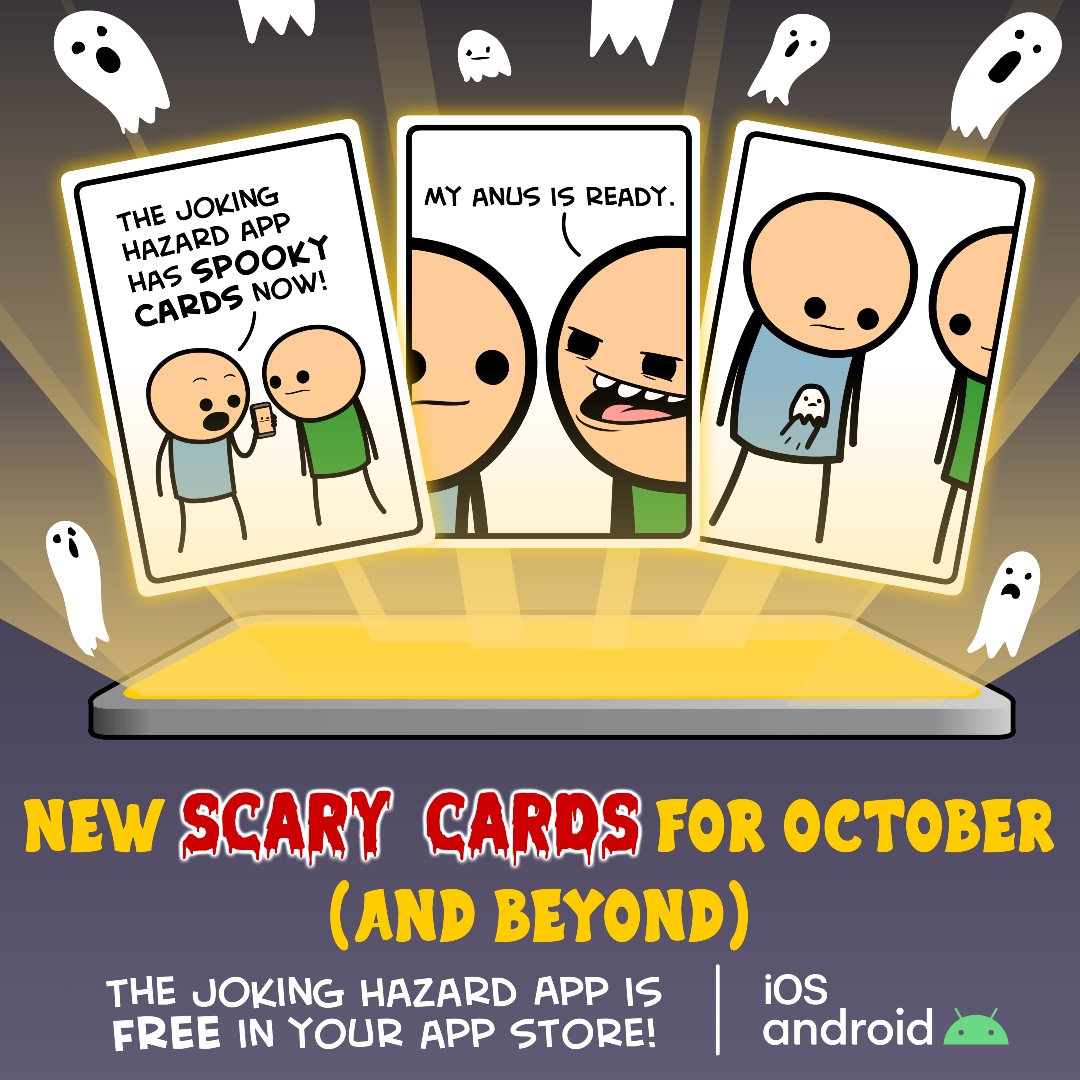 Explosm's tweet image. AAAA!! Scary cards, now available in the FREE Joking Hazard Mobile Game. Start playing today, and make weird ass comics with your friends. Search “Joking Hazard” in the app store!
