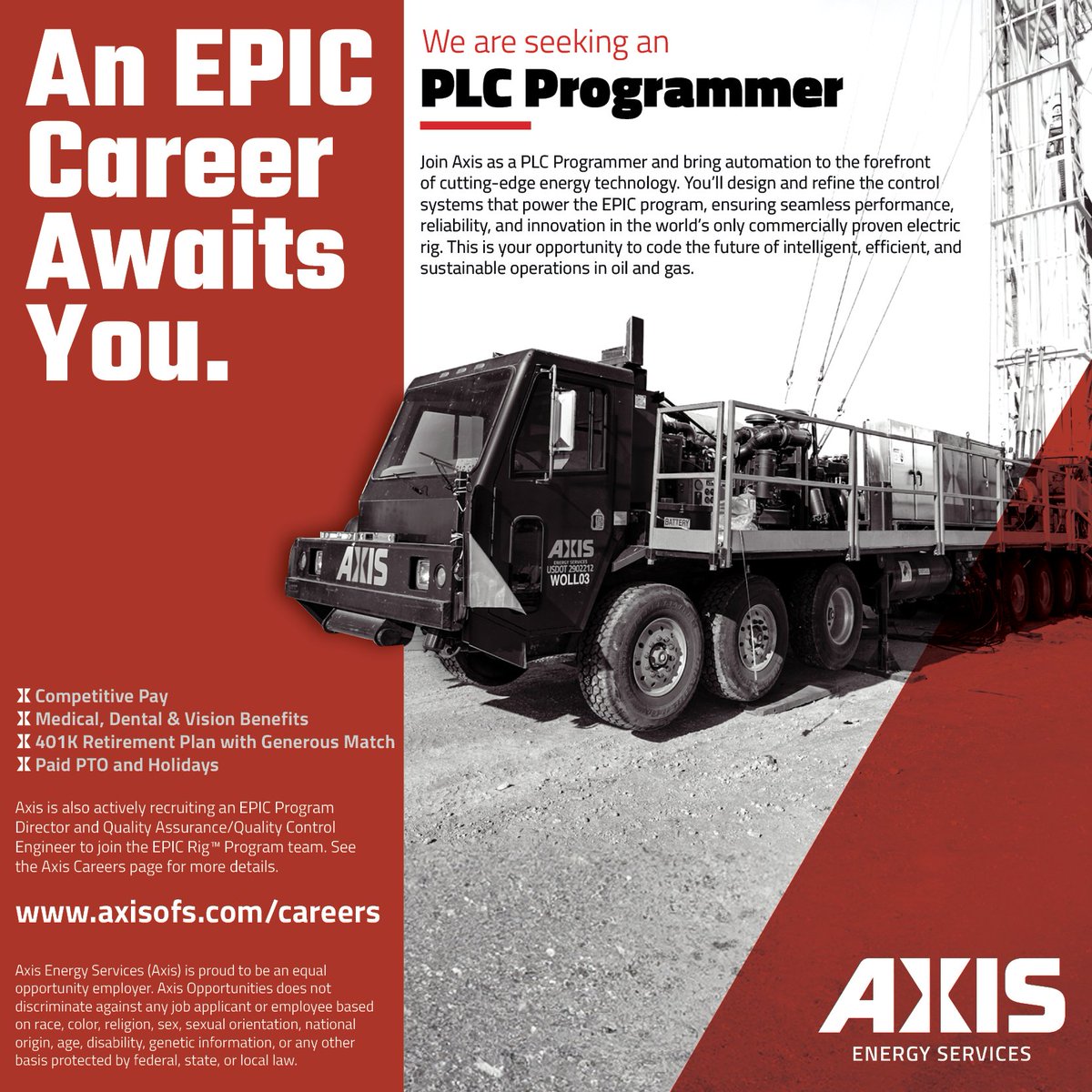 AxisEnergySvcs's tweet image. Axis is hiring a PLC Programmer to join our EPIC program team in Gainesville, Texas (North Texas Region) This role designs, develops, and supports advanced control systems for the industry’s only commercially proven electric rig, integrating automation, precision, and performance…